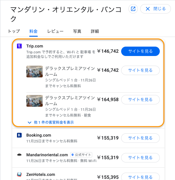 trip.comのホテル価格（バンコク）